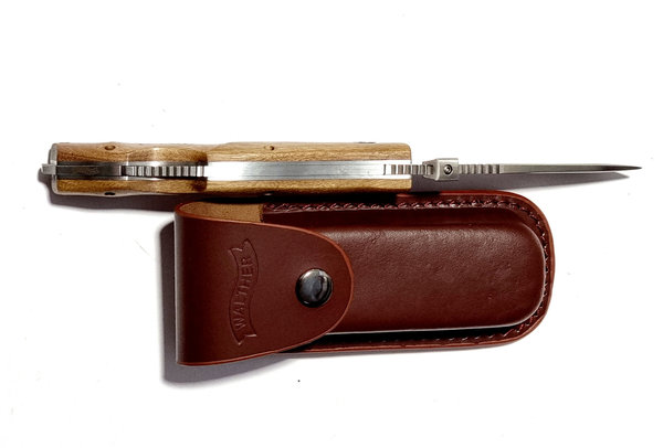 Walther AFW, Taschenmesser mit  Holzgriff, Klingenmaterial AUS-8, incl. Lederholster, ab 18 J.