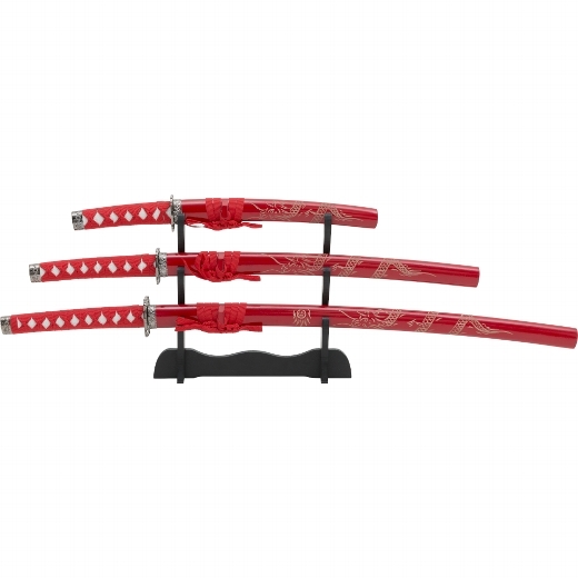 Samurai Garnitur Red Dragon 4-teilig, Schwerter Set - 3 Schwerter, rot mit Ständer, ab 18 J