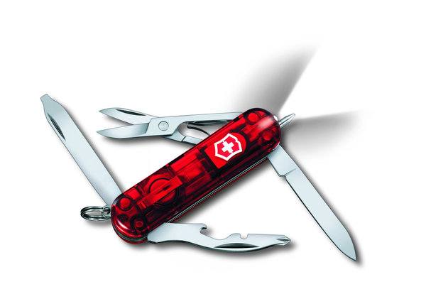Victorinox Midnite Manager rot transparent, kleines Taschenmesser mit 10 Funktionen, mit LED