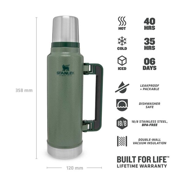 Stanley Classic Vakuum Flasche 1,4L grün, mit klappbarem Griff bis zu 40 Stunden hält heiße Getränke