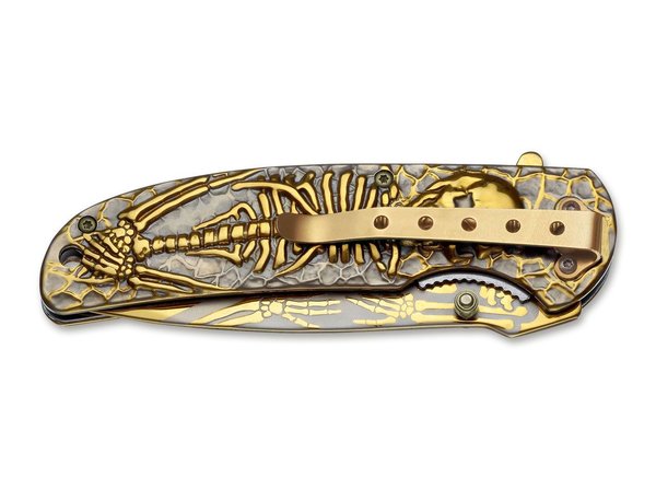 Taschenmesser Magnum by Böker -Golden Dia de los Muertos, mit abgebildetem Skelett, Federunterstützt