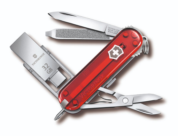 Victorinox @ work, Kleines Taschenmesser mit 8 Funktionen, rot transparent