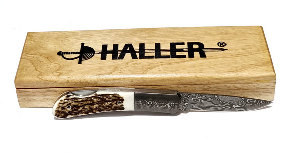 Haller Damast -Taschenmesser mit Hirschhorngriff , Klingenlänge 70 mm