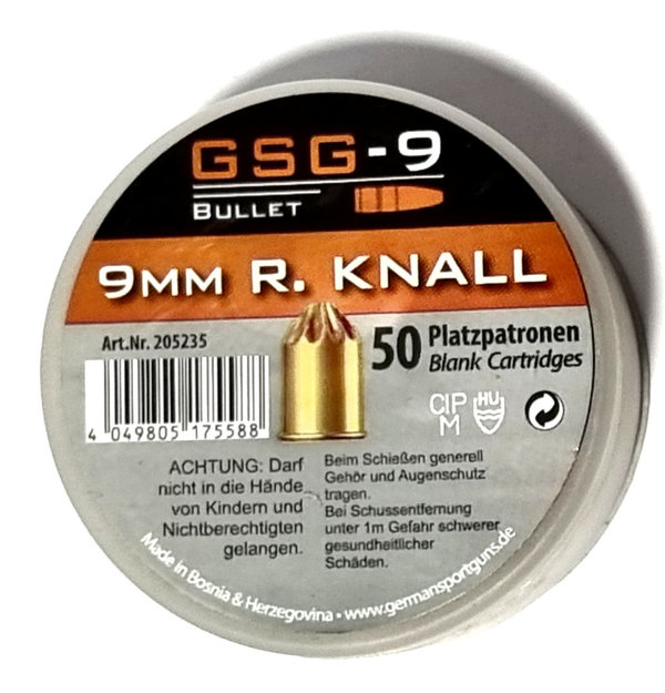 GSG-9 Platzpatronen 9 mm R.K, 50 Stück , Bullet  für alle gängigen Gas-Signal Revolver